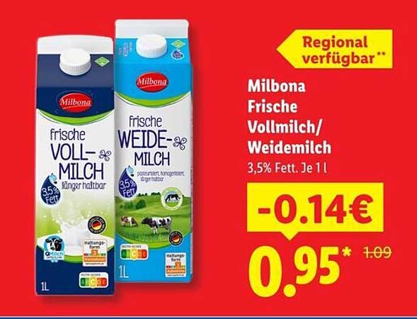 Milbona Frische Vollmilch/Weidemilch 3,5% Fett. Je 1 l