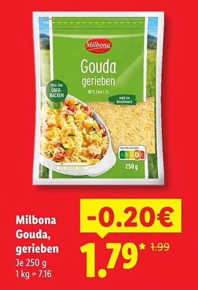 Milbona Gouda, gerieben