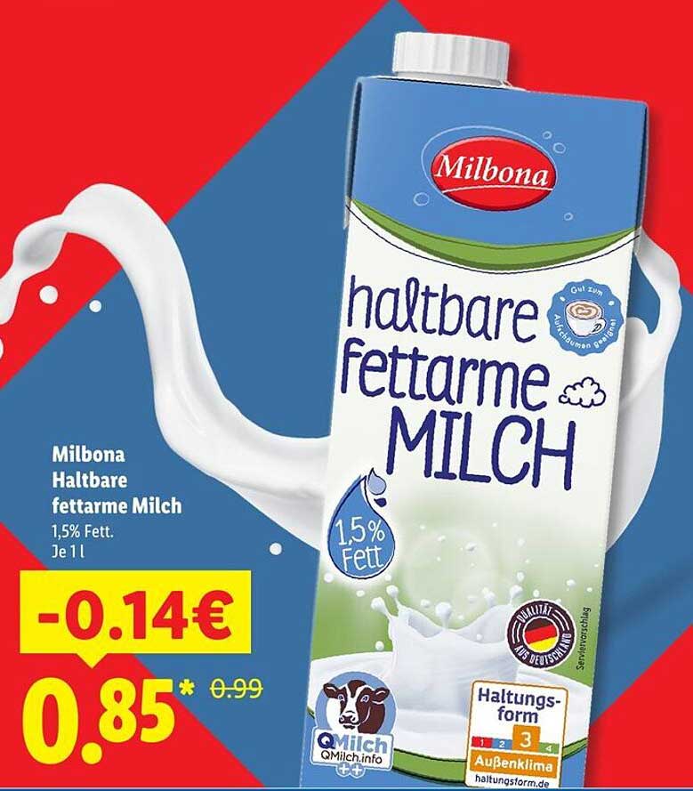 Milbona Halbtare fettarme Milch 1,5% Fett. Je 1l