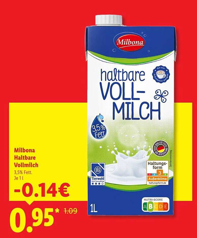 Milbona Haltbare Vollmilch 3,5% Fett. Je 1l
