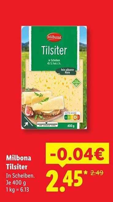Milbona Tilsiter in Scheiben 45 % Fett.i.Tr.