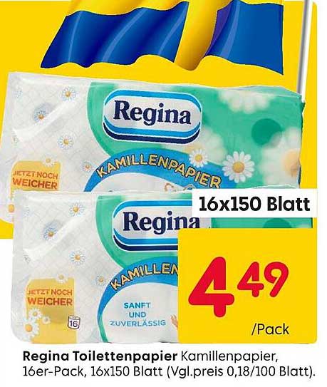 Regina Toilettenpapier Kamillenpapier, 16er-Pack, 16x150 Blatt