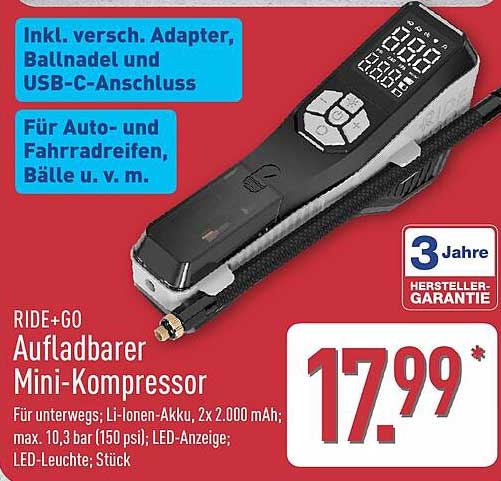 Ride+Go Aufladbarer Mini-Kompressor Angebot bei Aldi Nord - ProspektGuru.de