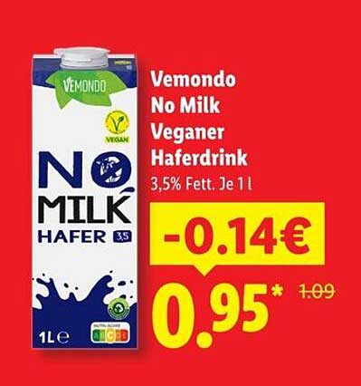 Vemondo No Milk Veganer Haferdrink 3,5% Fett. Je 1 l