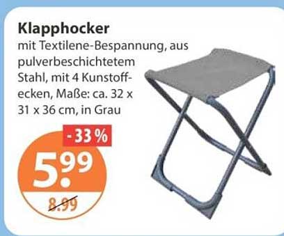 Klapphocker mit Textilene-Bespannung, aus pulverbeschichtetem Stahl, mit 4 Kunststoffecken, Maße: ca. 32 x 31 x 36 cm, in Grau