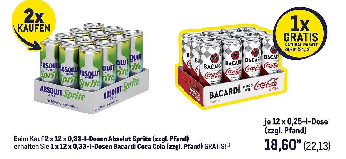 2 x 12 x 0,33-l-Dosen Absolut Sprite (zzgl. Pfand) - 3 für 2
