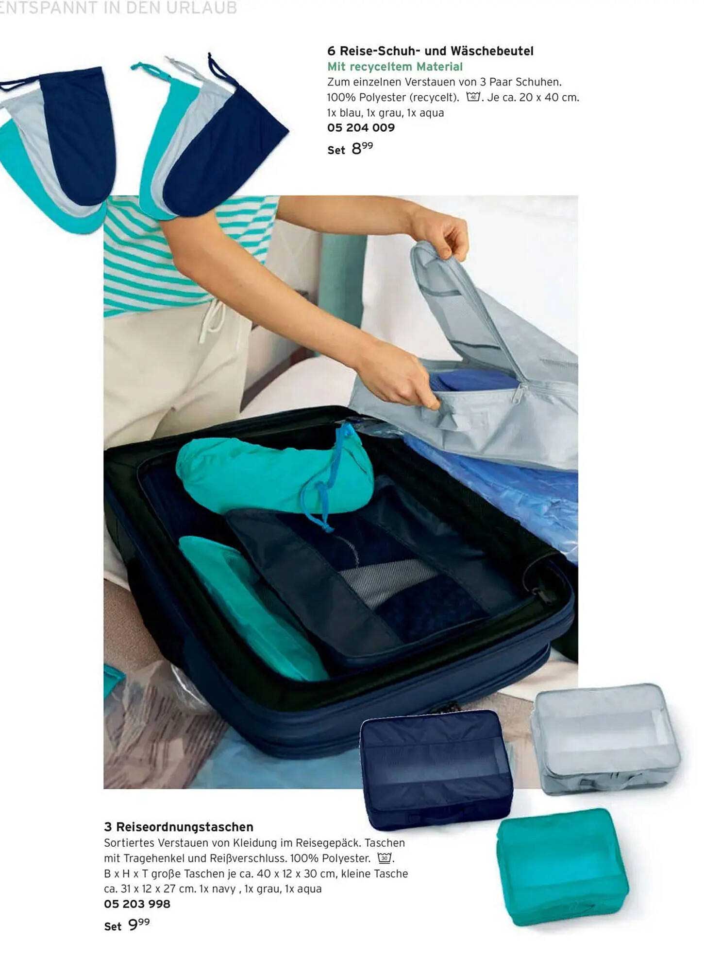 6 Reise-Schuh- und Wäschebeutel mit recyceltem Material