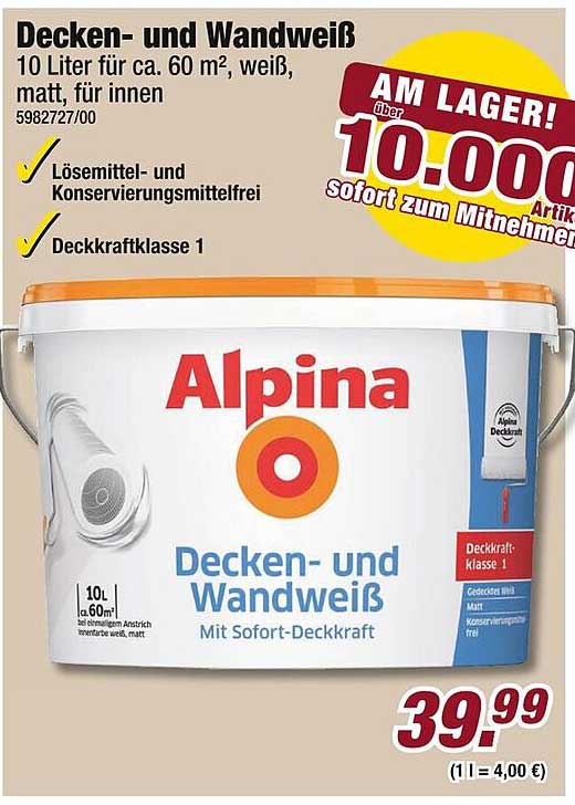 Alpina Decken- und Wandweiß 10 Liter für ca. 60 m², weiß, matt