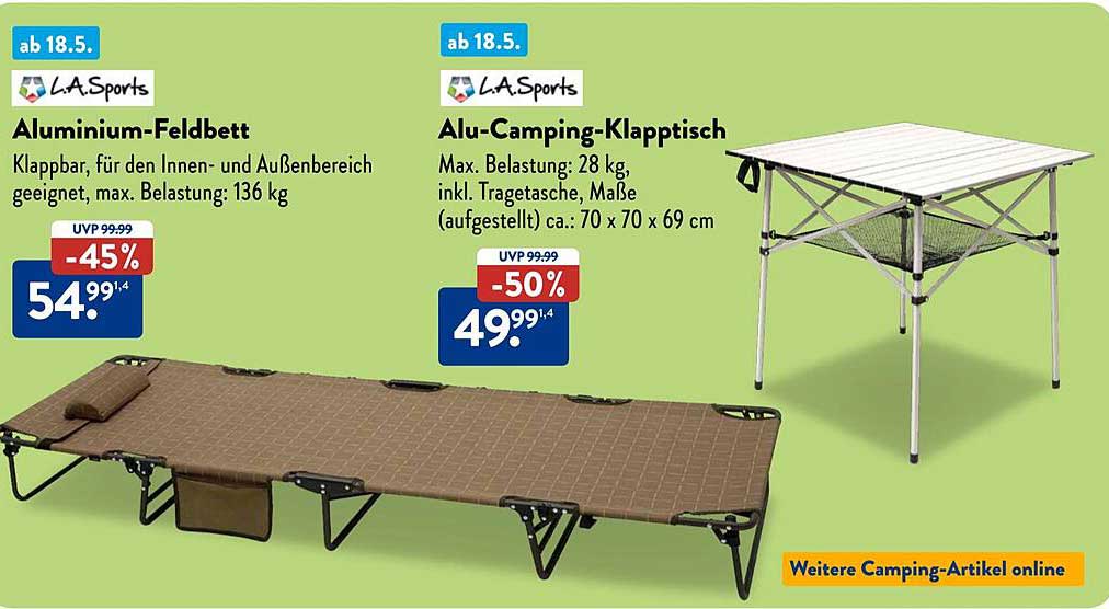 Aluminium-Feldbett und Alu-Camping-Klapptisch