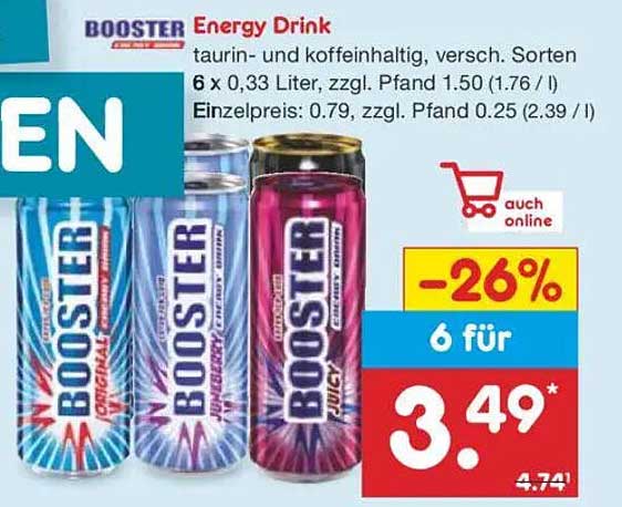 Booster Energy Drink 6 x 0,33 Liter, verschiedene Sorten