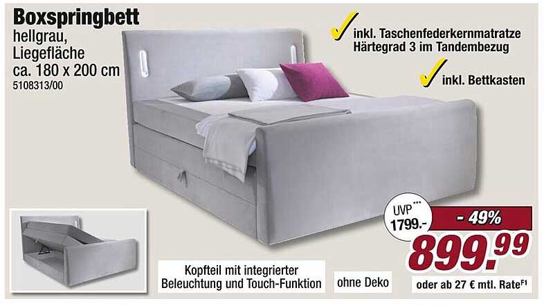 Boxspringbett hellgrau, Liegefläche ca. 180 x 200 cm