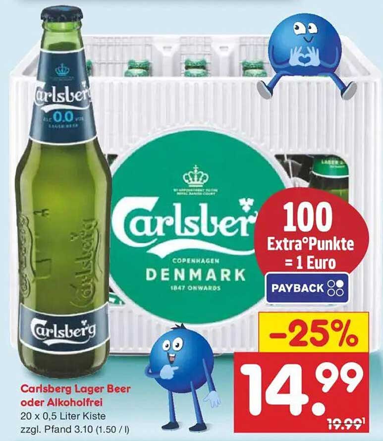 Carlsberg Lager Beer oder Alkoholfrei 20 x 0,5 Liter Kiste -25%