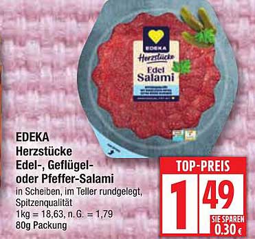 EDEKA Herzstücke Edel-, Geflügel- oder Pfeffer-Salami in Scheiben, 80g Packung