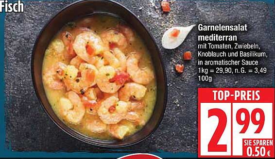 Garnelensalat mediterran mit Tomaten, Zwiebeln, Knoblauch und Basilikum in aromatischer Sauce