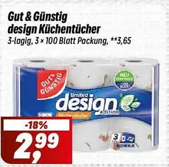 Gut & Günstig design Küchentücher, 3-lagig, 3 x 100 Blatt Packung