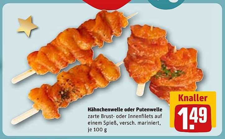 Hähnchenwelle oder Putenspieß - zarte Brust- oder Innenfilets auf einem Spieß, versch. mariniert, je 100 g
