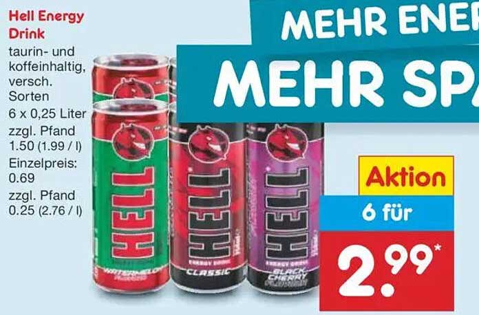 Hell Energy Drink - 6 x 0,25 Liter für nur 2,99€