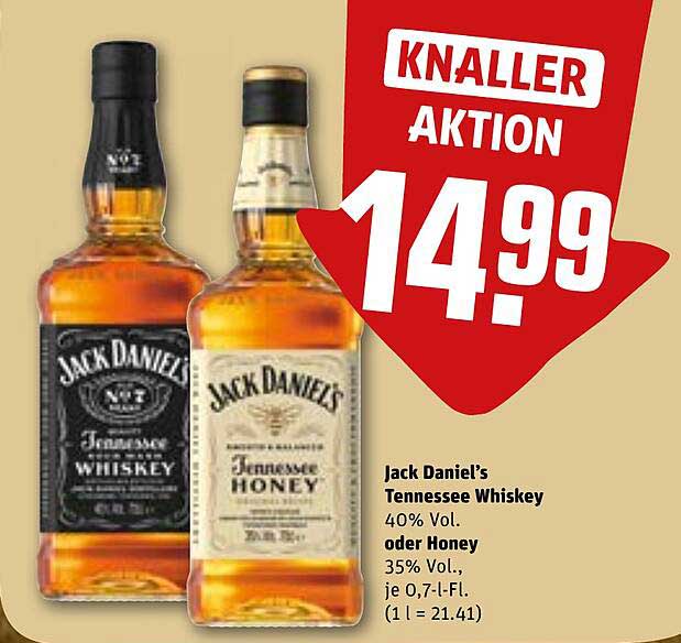 Jack Daniel's Tennessee Whiskey oder Honey 0,7 l für nur 14,99