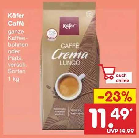 Käfer Caffè Crema Lungo – 1 kg ganze Kaffeebohnen oder Pads, verschiedene Sorten