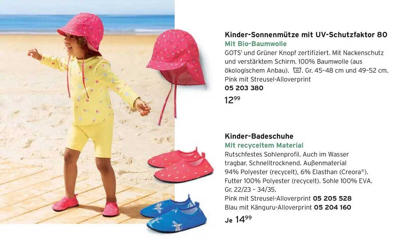 Kinder-Sonnenmütze mit UV-Schutzfaktor 80 und Kinder-Badeschuhe mit recyceltem Material