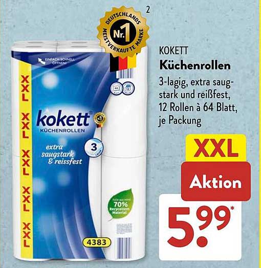 Kokett Küchenrollen 3-lagig, extra saugstark und reißfest, 12 Rollen à 64 Blatt