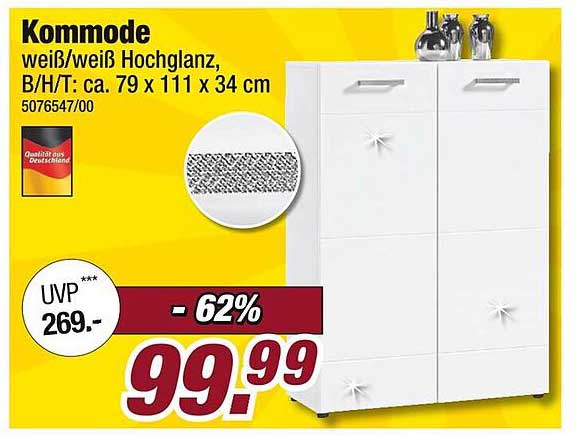 Kommode weiß/weiß Hochglanz, B/H/T: ca. 79 x 111 x 34 cm