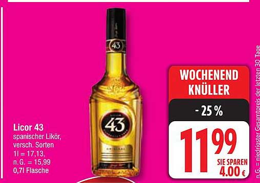 Licor 43, spanischer Likör, 0,7 l Flasche - jetzt nur 11,99 €
