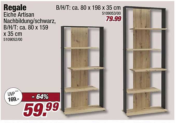 Regale Eiche Artisan Nachbildung schwarz, B/H/T: ca. 80 x 198 x 35 cm