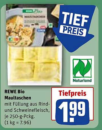 REWE Bio Maultaschen mit Füllung aus Rind- und Schweinefleisch, je 250 g-Packung