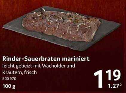 Rinder-Sauerbraten mariniert leicht gebeizt mit Wacholder und Kräutern, frisch
