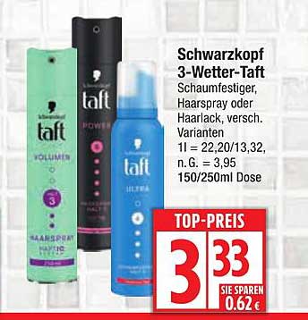 Schwarzkopf 3-Wetter-Taft Schaumfestiger, Haarspray oder Haarlack, 150/250ml Dose