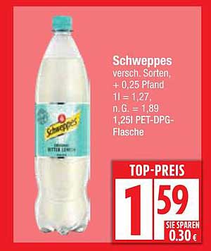 Schweppes verschiedene Sorten 1,25l PET-DPG-Flasche