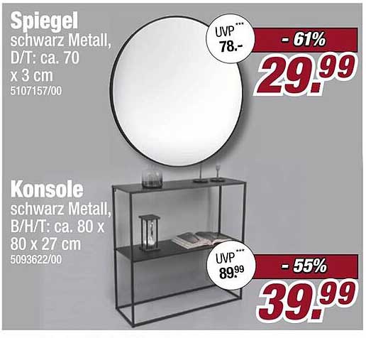 Spiegel schwarz Metall, D/T: ca. 70 x 3 cm