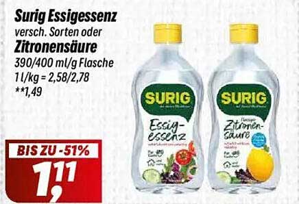 Surig Essigessenz und Zitronensäure - Verschiedene Sorten zum Sparpreis