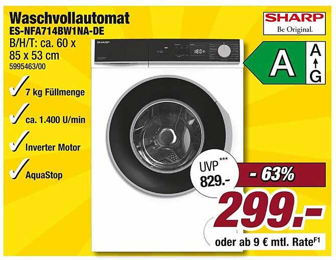 Waschvollautomat ES-NFA714BW1NA-DE von Sharp - 63% reduziert!