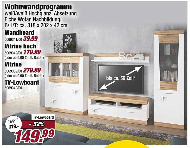 Wohnwandprogramm in Weiß/Hochglanz mit Absetzung in Eiche Wotan Nachbildung