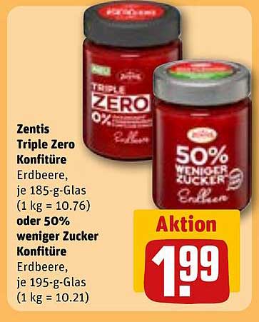 Zentis Triple Zero Konfitüre Erdbeere 185 g oder 50% weniger Zucker Konfitüre Erdbeere 195 g