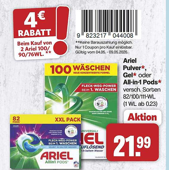 Ariel Pulver*, Gel* oder All-in1 Pods* versch. Sorten 82/100/111-WL (1 WL ab 0.23)
