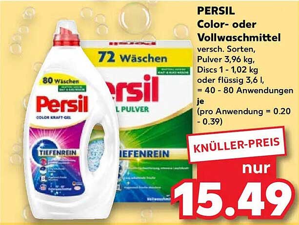 PERSIL Color- oder Vollwaschmittel versch. Sorten, Pulver 3,96 kg, Discs 1 - 1,02 kg oder flüssig 3,6 l, = 40 - 80 Anwendungen je (pro Anwendung = 0.20 - 0.39)
