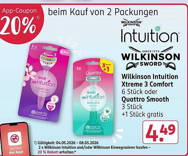 Wilkinson Intuition Xtreme 3 Comfort 6 Stück oder Quattro Smooth 3 Stück +1 Stück gratis