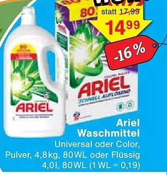 Ariel Waschmittel Universal oder Color, 4,8 kg, 80 WL oder Flüssig 4,0 l, 80 WL