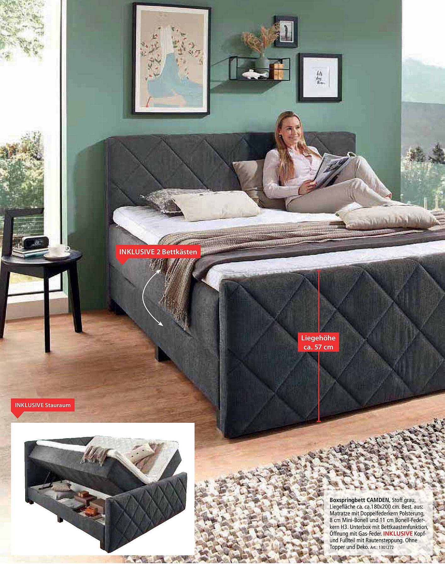 Boxspringbett CAMDEN, Stoff grau, Liegefläche ca. 180x200 cm