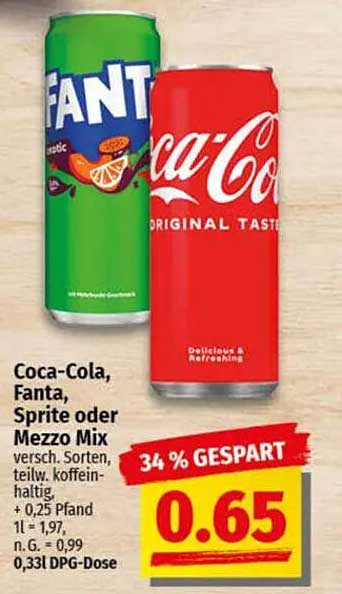 Coca-Cola, Fanta, Sprite oder Mezzo Mix – mit 34 % Rabatt!