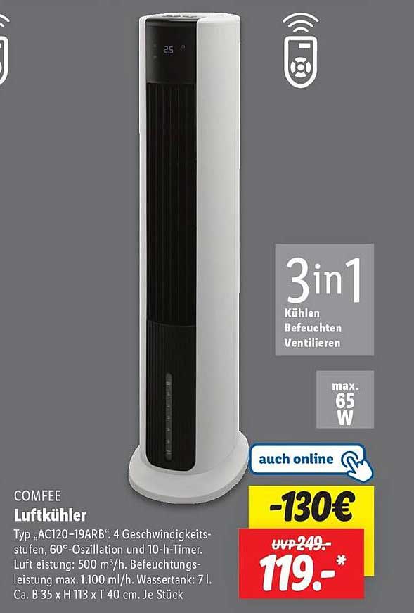 COMFEE Luftkühler AC120-19ARB, 3 in 1 - Kühlen, Befeuhten, Ventilieren