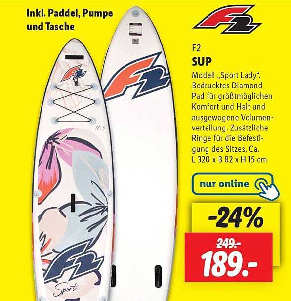 F2 SUP Modell „Sport Lady“ inkl. Paddel, Pumpe und Tasche