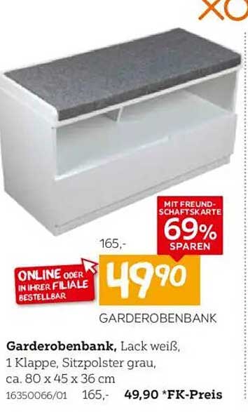 Garderobenbank, Lack weiß, 1 Klappe, Sitzpolster grau