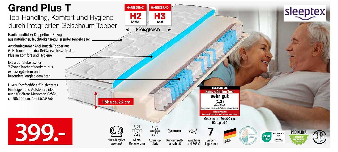 Grand Plus T - Top-Handling, Komfort und Hygiene durch integrierten Gelschaum-Topper