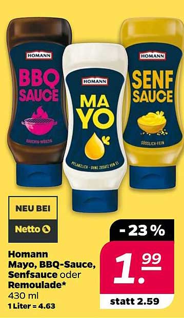 Homann Mayo, BBQ-Sauce, Senfsauce oder Remoulade – 430 ml