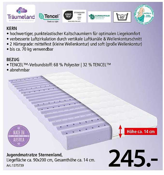 Jugendmatratze Sternenland - Liegefläche ca. 90x200 cm, Höhe ca. 14 cm