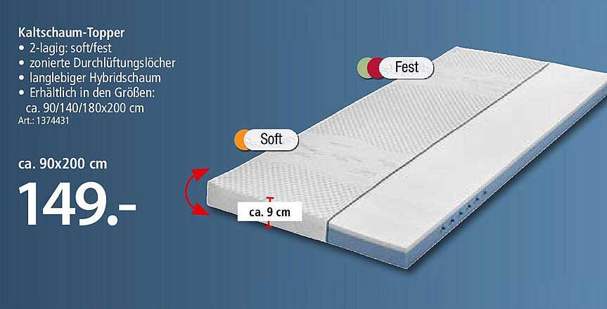Kaltschaum-Topper 90x200 cm - 2-lagig: soft/fest